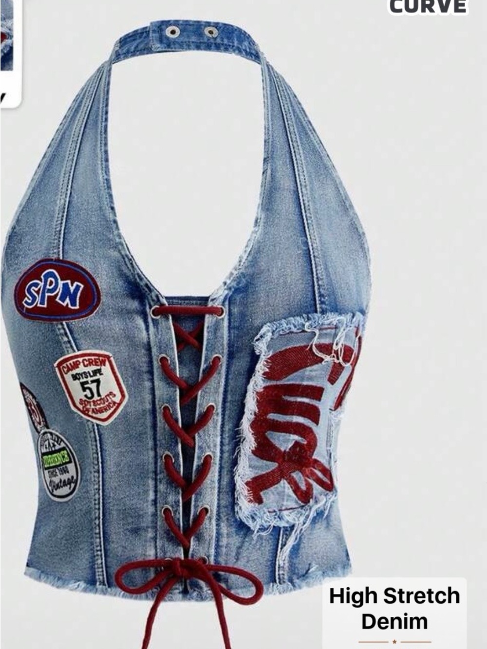 ROMWE Blue Denim Lace-Up Halter Patchwork Crop Top with Red Accents
